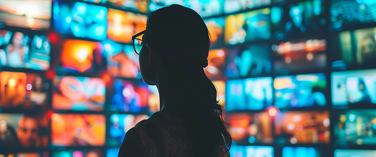 Woman in silhouette standing in front of a wall of colorful screens.