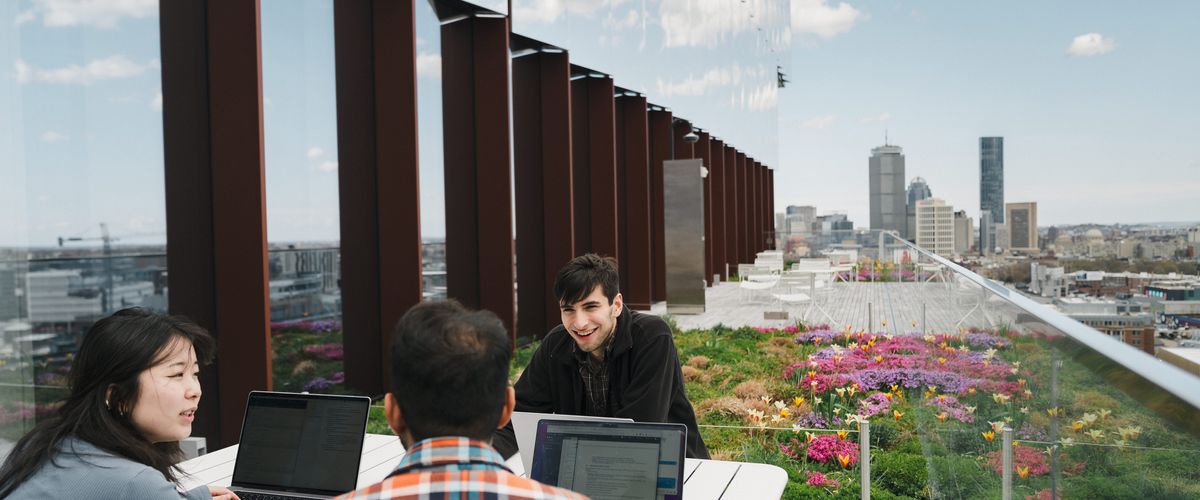 Three students sit at a table outside on one of the CDS patios. Behind them, a patch of wild flowers are in bloom, and the Boston city skyline appears in the distance.